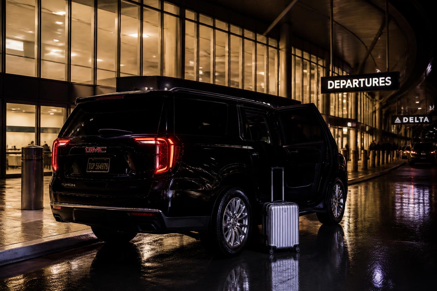 Black XL SUV at the Denver International departures curb at night