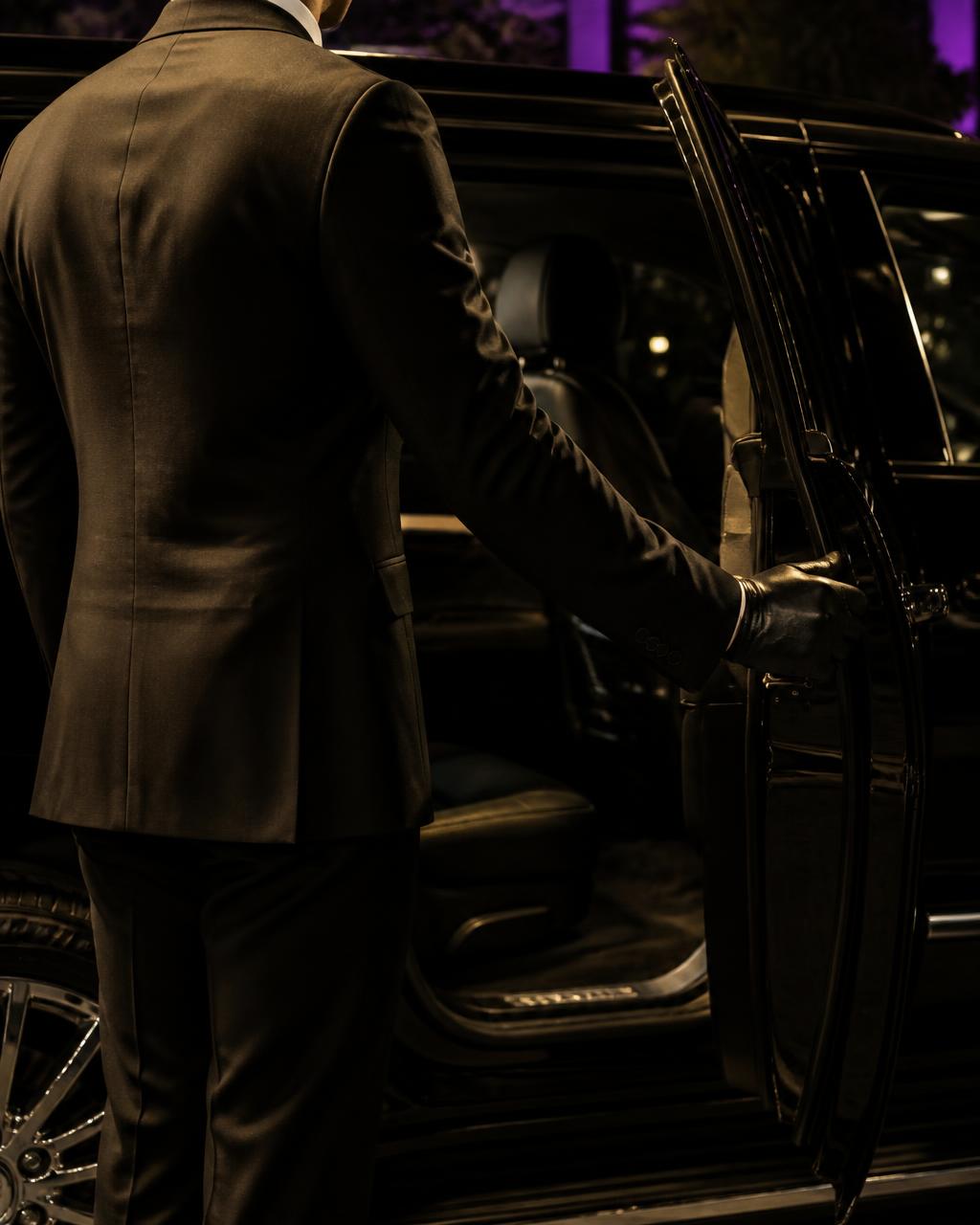 Professional Driver opening the rear door of a black SUV at night