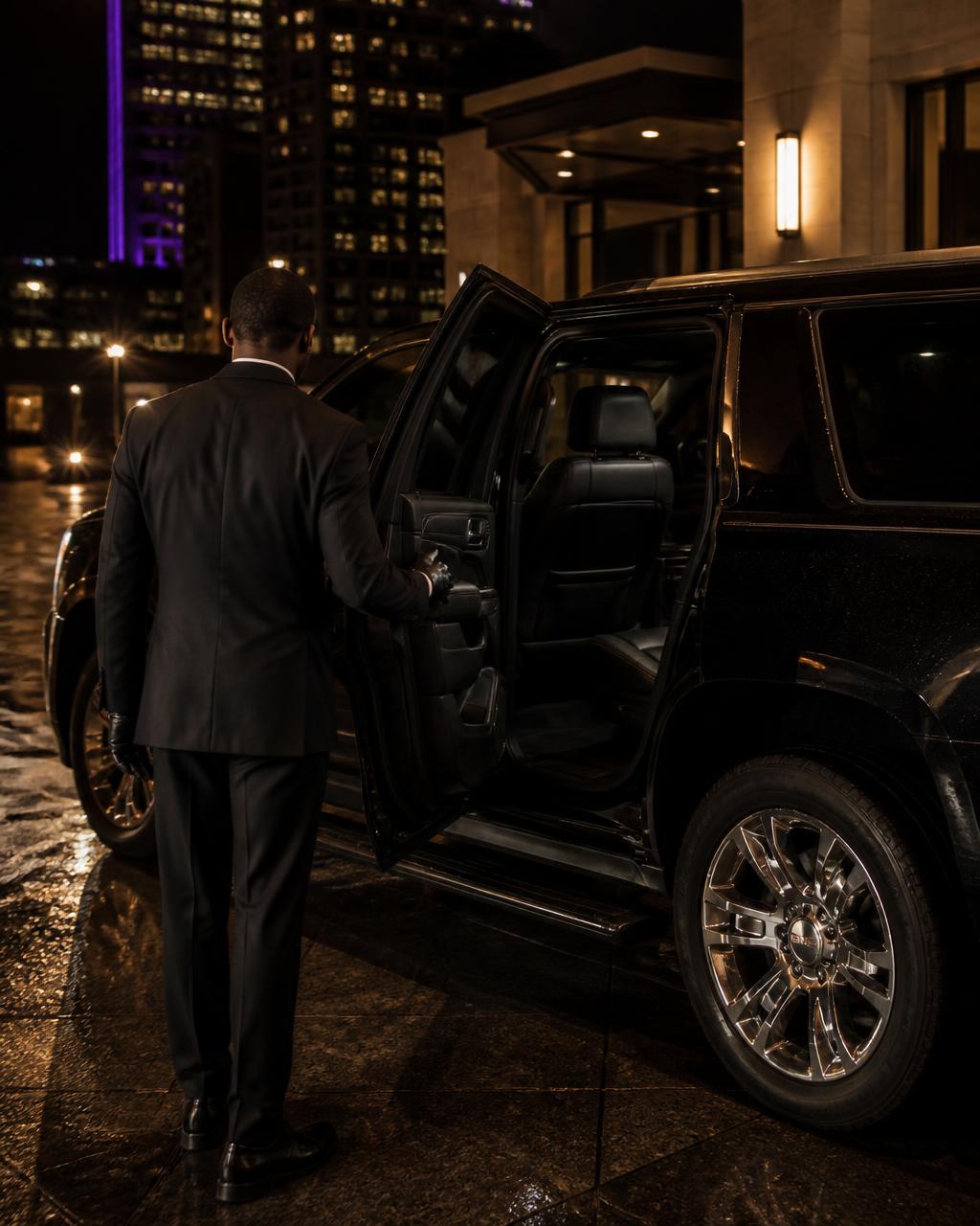 Professional driver opening the rear door of a black GMC Yukon at night